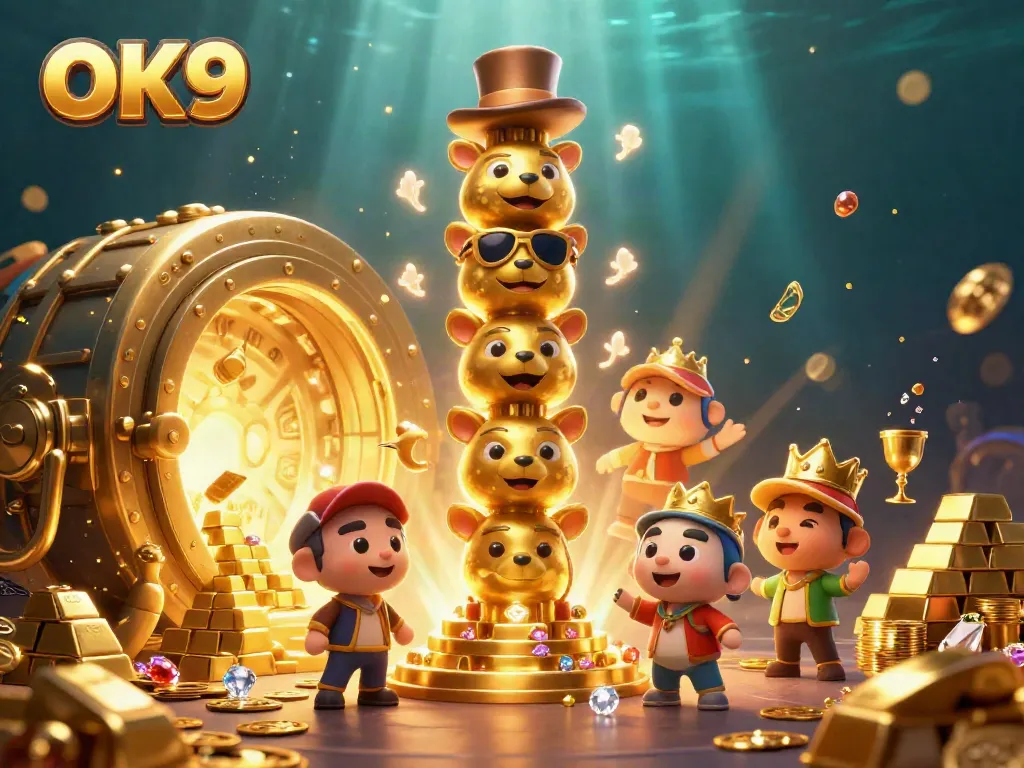 Experience vibrant gaming adventure at OK9 with a golden totem and treasures in a casino-themed illustration.