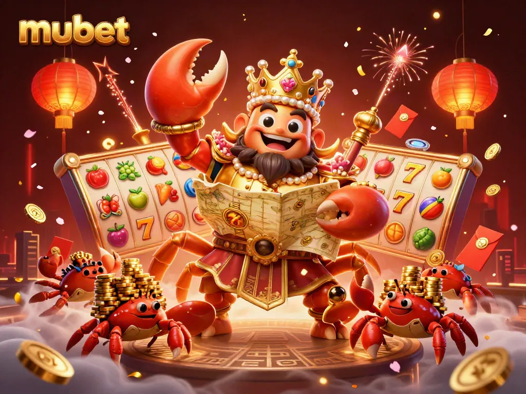 Experience thrilling moments at mubet with a golden crab emperor leading lively casino action in 3D