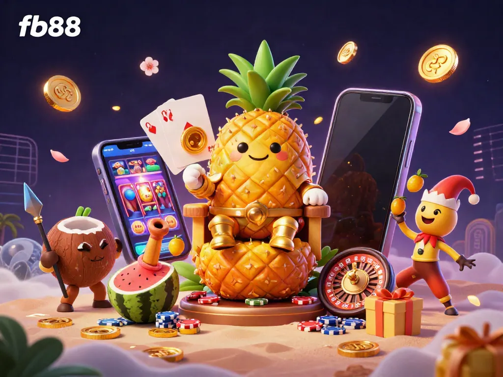 Engage with fb88's vibrant casino experience featuring a pineapple king and dynamic gambling elements.