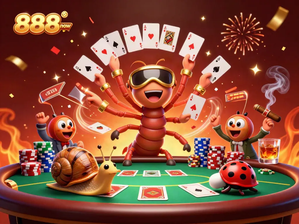 Experience the thrilling card action of 888now with our vibrant 3D illustration featuring a cartoon millipede dealer and high-roller characters.