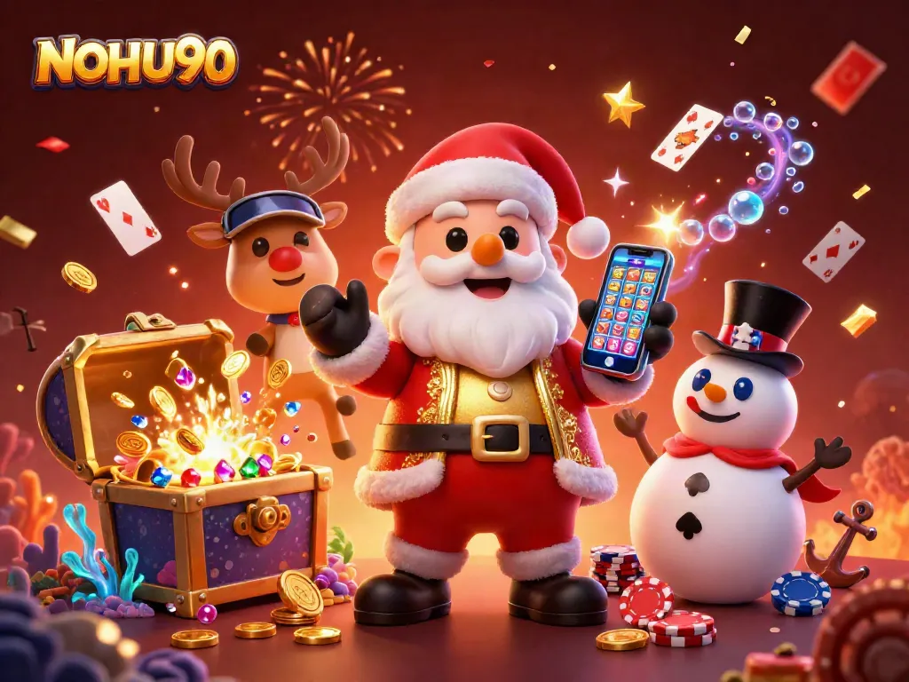 Engage with NOHU90 in a vibrant casino world featuring Santa, a reindeer dealer, and a poker chip snowman.