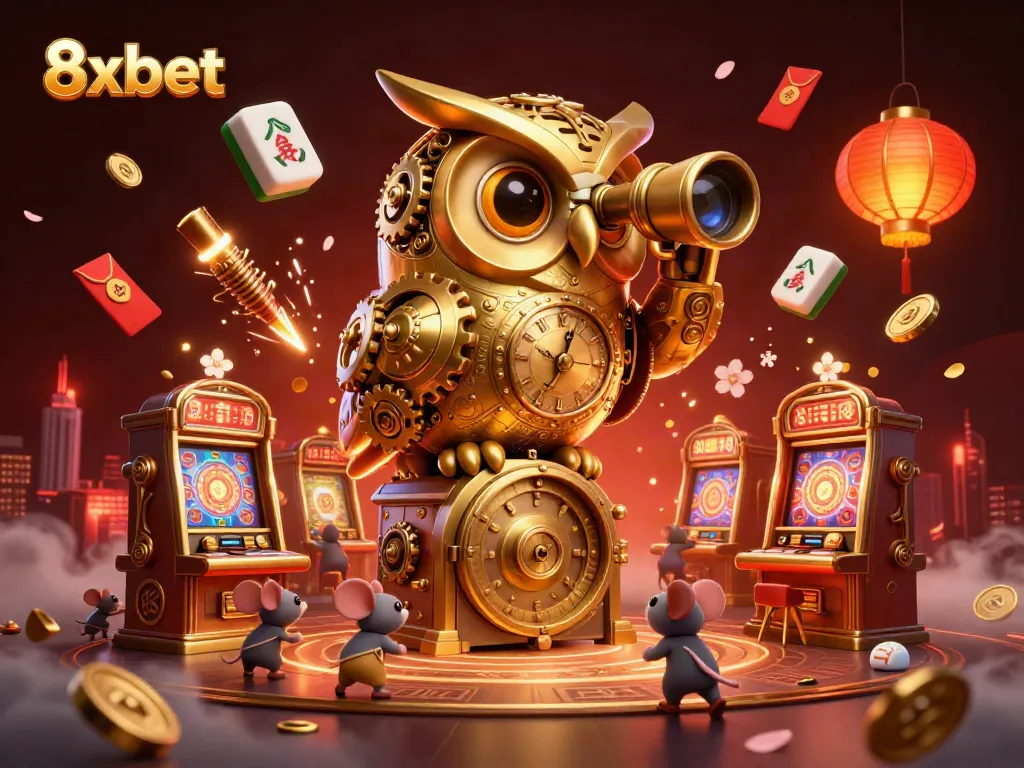 Experience fun at 8xbet with a vibrant casino scene featuring a clockwork owl and cartoon mice.