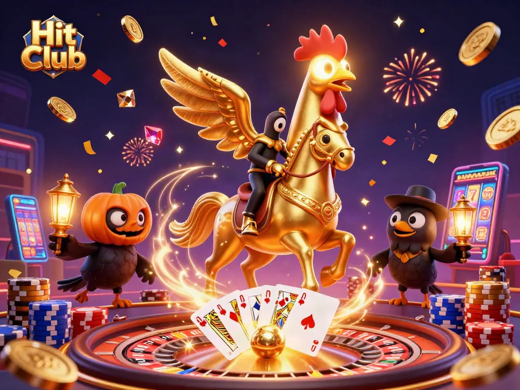 Hit Club showcases a golden rooster headless horseman in a vibrant casino scene.