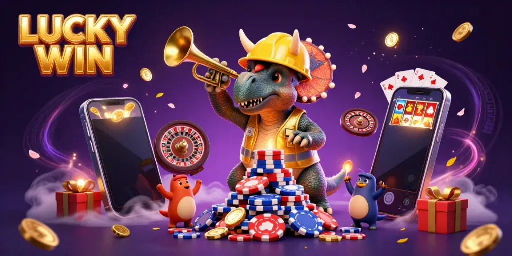 LUCKY WIN visualization featuring exciting 3D characters in a vibrant casino-themed setting.