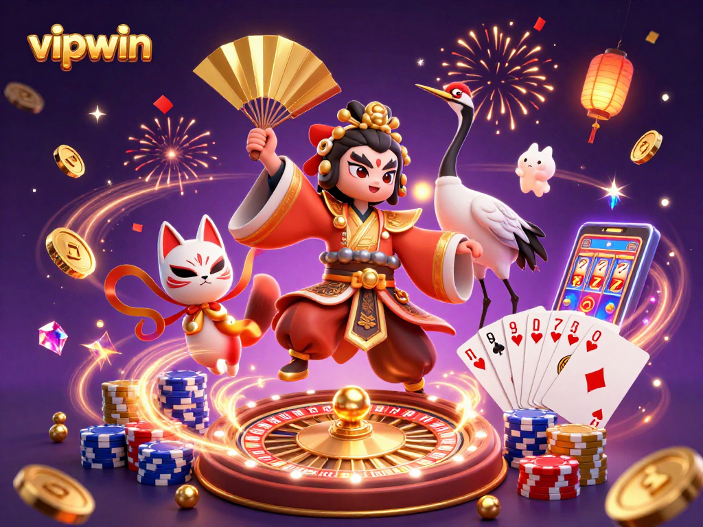 Engage in thrilling gaming at vipwin, featuring vibrant characters, coins, and dynamic casino elements.