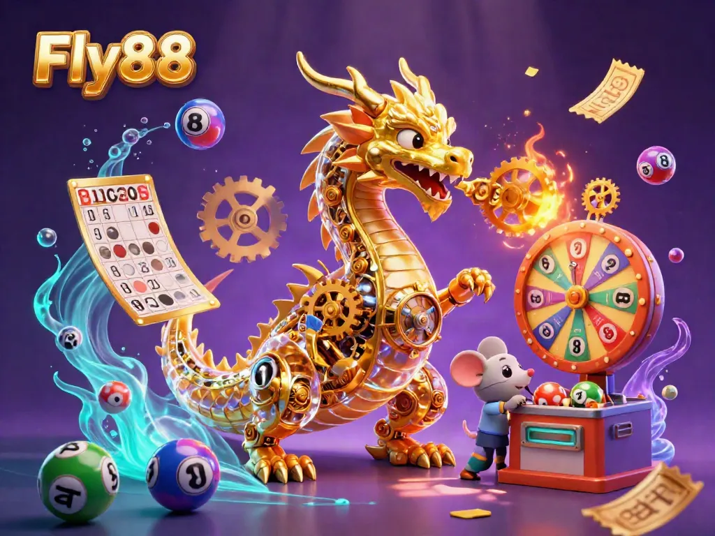 Experience the excitement of Fly88 with a dynamic 3D illustration featuring vibrant casino elements including a golden dragon and lottery balls.