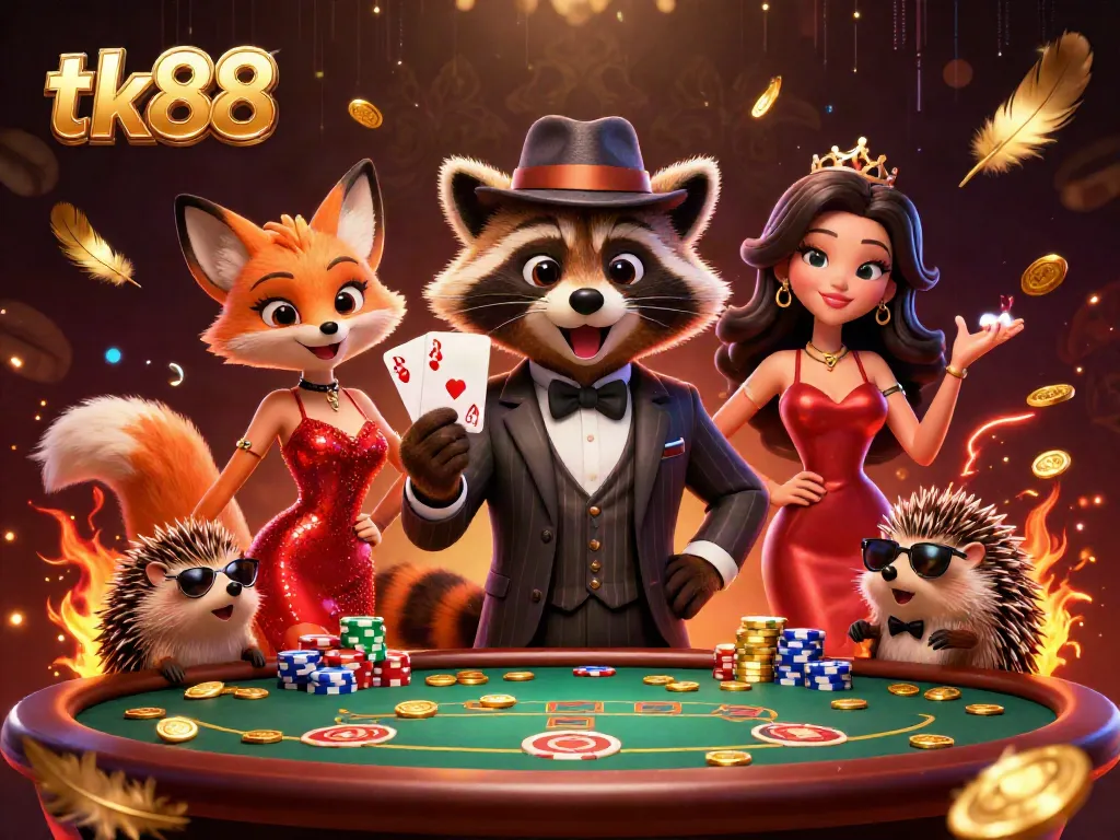 Experience exciting poker action at tk88 with a suave raccoon and stunning companions