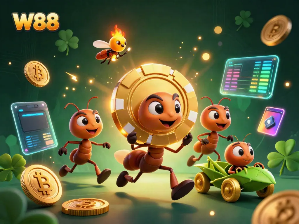 W88's animated ants steal a giant poker chip amidst glowing cryptocurrency coins and vibrant casino elements.