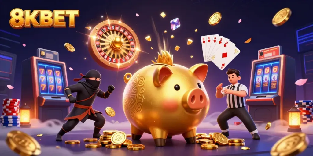 Khám phá game 8KBET với anh hùng đấu bạc và kho báu rực rỡ trong một sảnh casino huyền bí