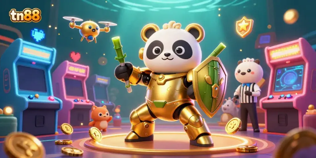Engage with tn88's vibrant online casino experience featuring a golden panda piloting a robot in a live gaming arena.