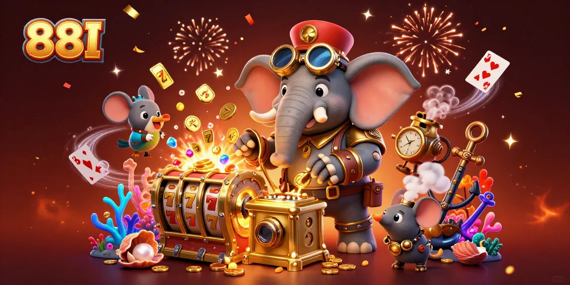 Spin the golden slot machine with 88I for a chance to win big, surrounded by vibrant casino elements.