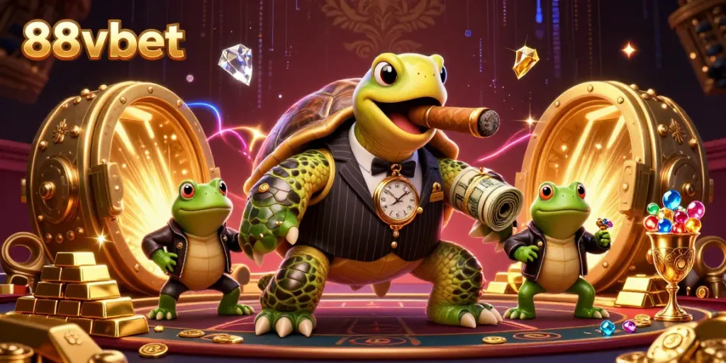 Engage in thrilling gameplay with 88vbet's vibrant casino scene featuring a mobster turtle and bullfrog enforcers.