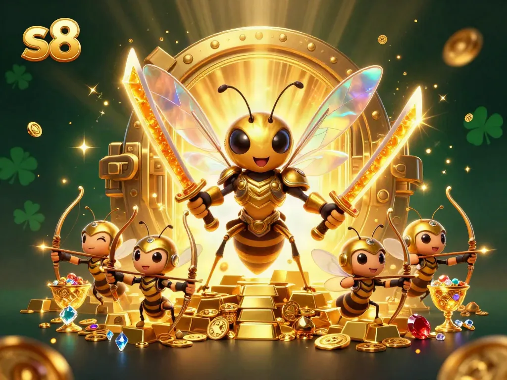 Engage with the vibrant world of online gaming at s8, featuring a golden hornet wielding honey katanas amidst treasures.