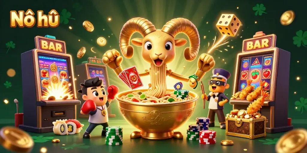 Experience Nổ hũ as a thrilling adventure with colorful characters and jackpot excitement in this vibrant casino scene.