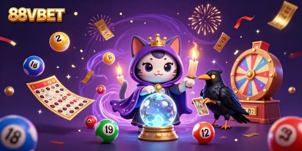 Experience the magic of 88VBET with mystical characters and vibrant gambling elements in a stunning scene.