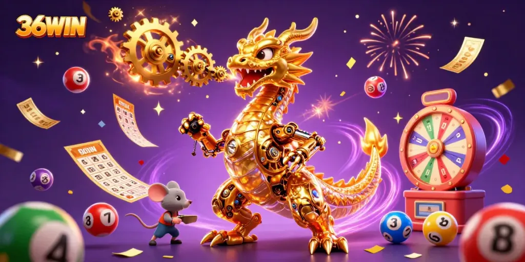Engage with thrilling games at 36WIN, featuring a golden dragon and festive gambling elements.