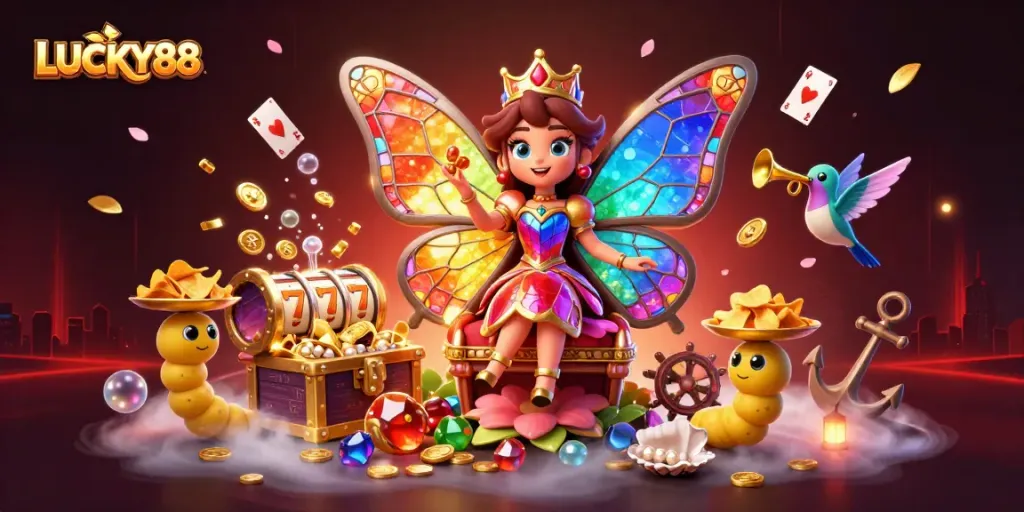 Experience the excitement of LUCKY88 with a vibrant casino illustration showing games and rewards.
