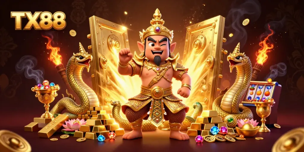 Engage with TX88’s dynamic illustration showcasing golden treasures and thrilling casino games.