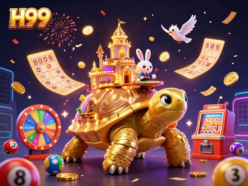 Experience H99's dynamic casino world with a golden tortoise dealer and vibrant games.