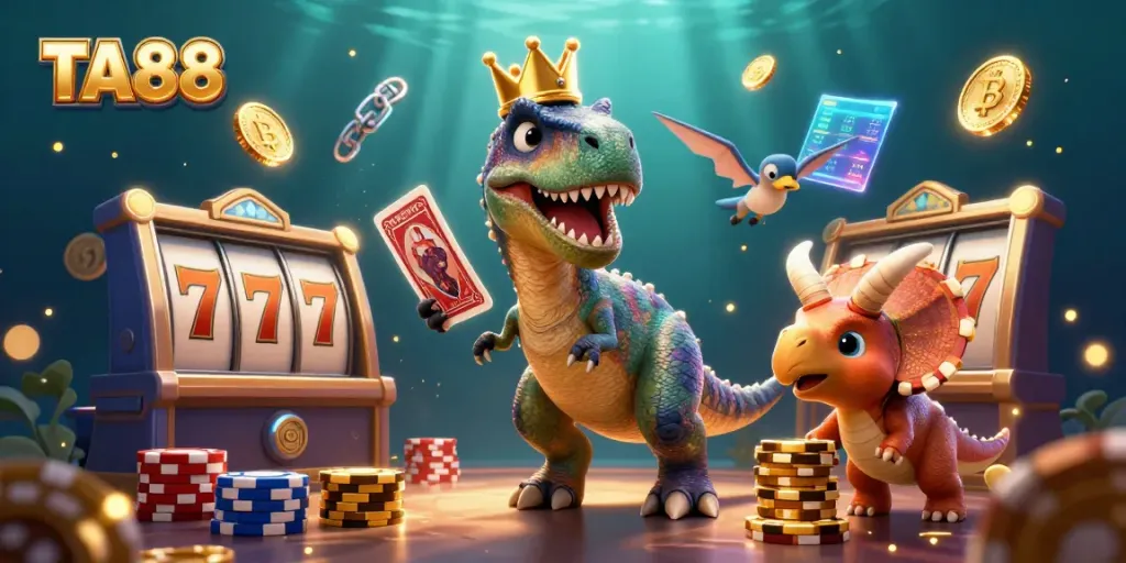 Engage with exciting gaming at TA88, featuring a friendly T-Rex shuffling cards amidst vibrant slot machines.