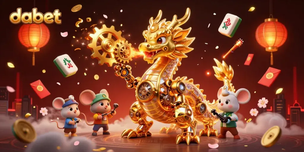 Experience the excitement of dabet with a golden dragon breathing gears in a vibrant casino scene.