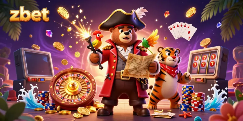 Engage with zbet's thrilling casino experience featuring cartoon pirate bear, tiger, and golden treasures.
