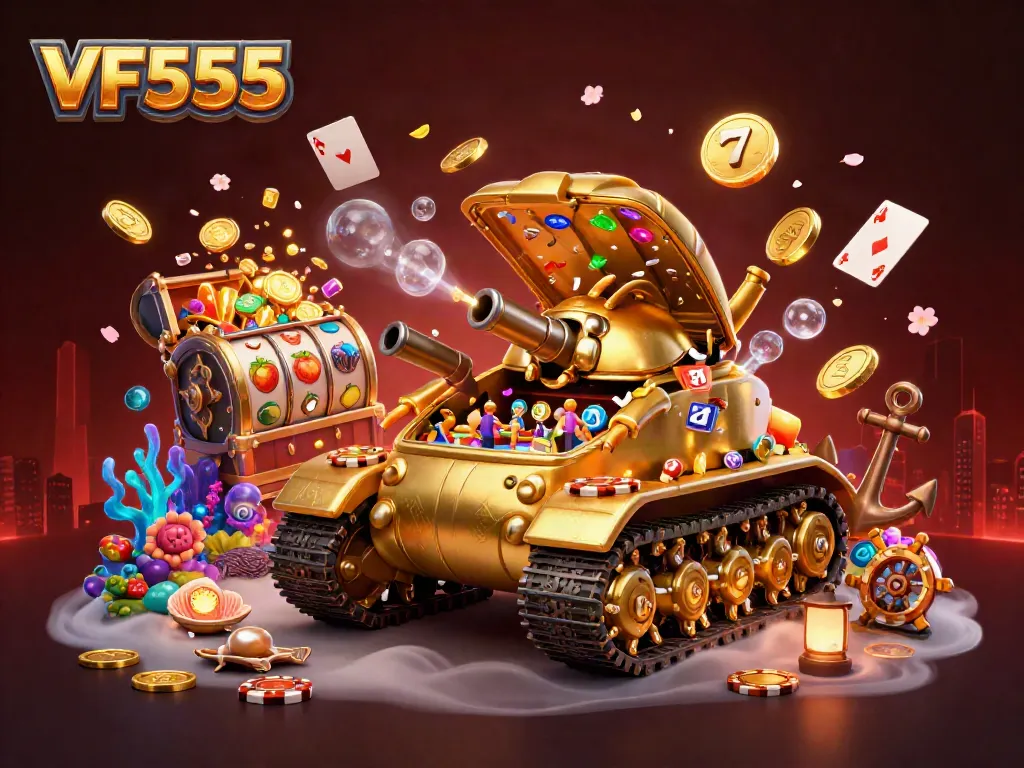 Engage with immersive VF555 casino action featuring golden beetle tank, slot reels, and vibrant gaming symbols.