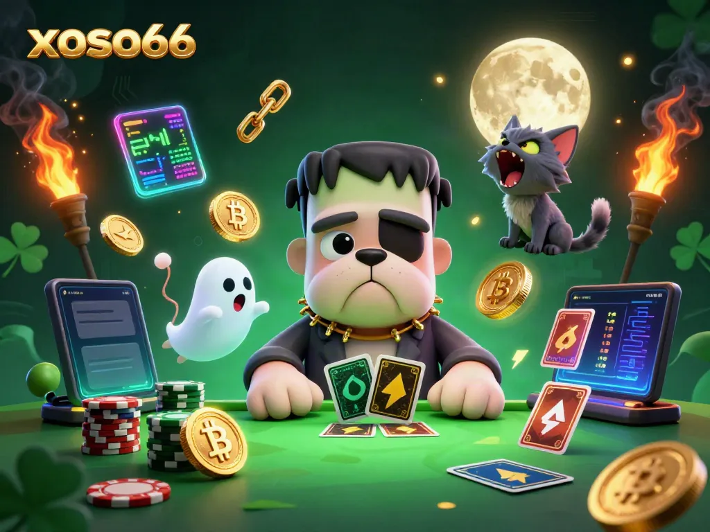 Experience thrilling xoso66 gameplay with a vibrant 3D illustration of casino characters, cards, and crypto coins.