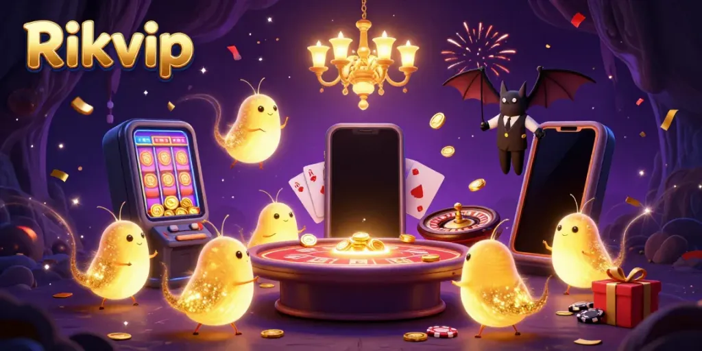 Join the vibrant Rikvip casino experience with glowing characters, thrilling games, and festive atmosphere.