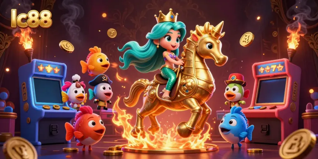 Experience the thrill of lc88 with an inviting scene of a mermaid princess and seahorse amidst vibrant casino elements