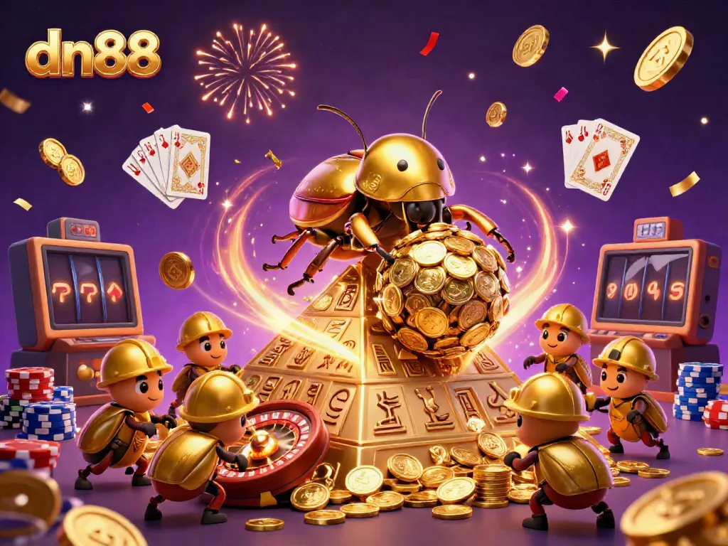 Experience the excitement of dn88 through a vibrant scene of golden beetles and casino symbols.
