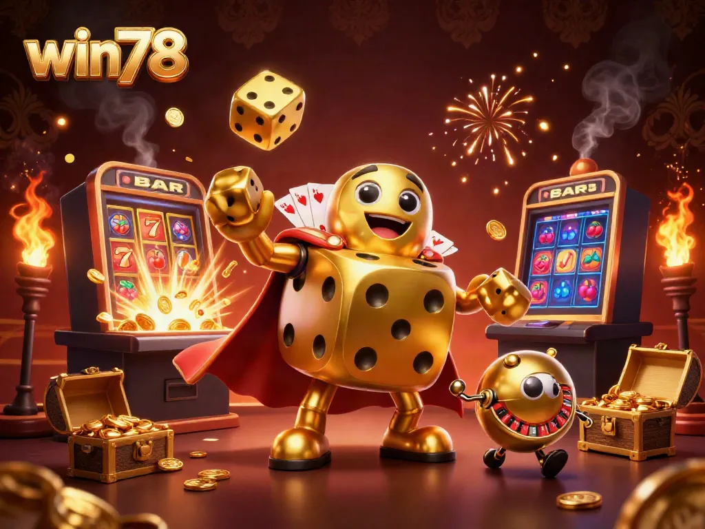 Experience the excitement of win78 with dynamic golden dice and casino elements in vibrant 3D artwork.