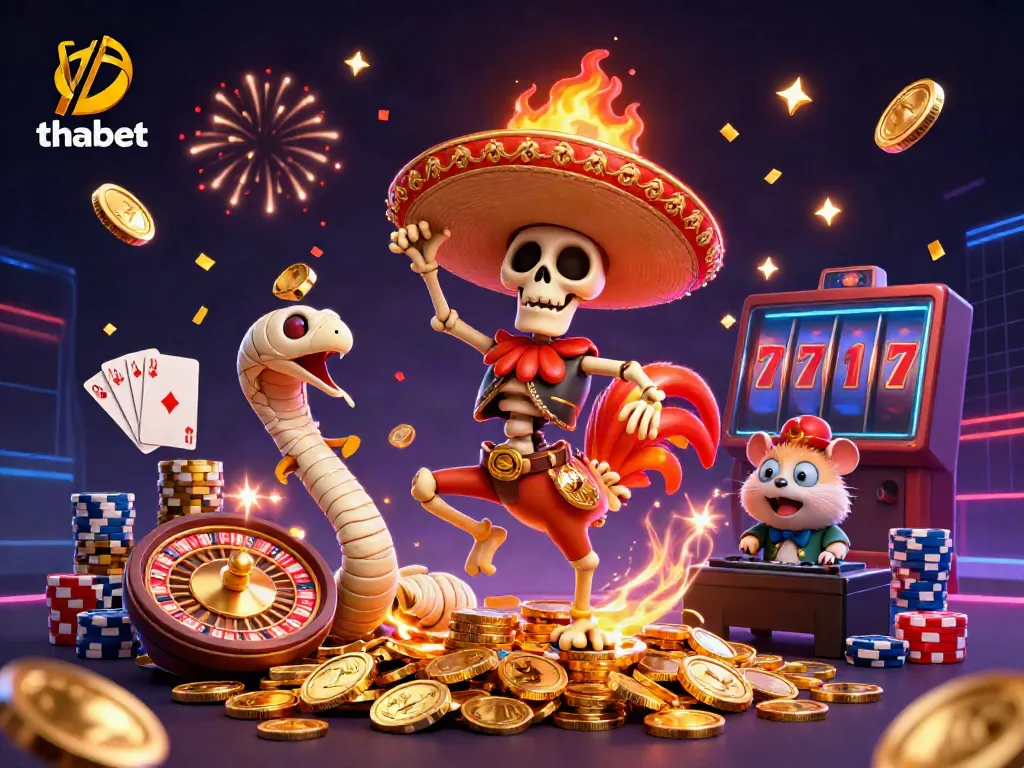 Celebrate big wins with Thabet at this lively online casino scene featuring vibrant animations and games.