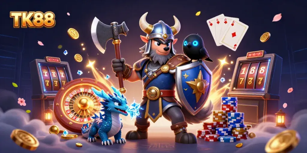 Engage in thrilling gaming experiences at TK88 with vibrant casino elements and dynamic characters.
