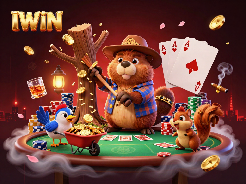 IWIN showcases a vibrant 3D cartoon scene with gambling elements including poker and gold coin rain.