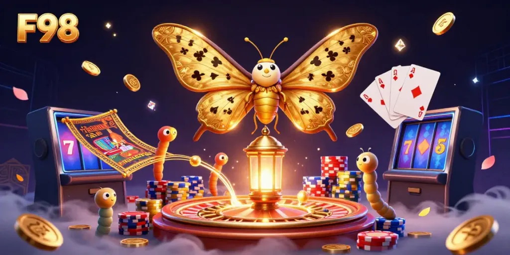 Experience F98 with a vibrant casino scene featuring a golden moth, coins, and cards.