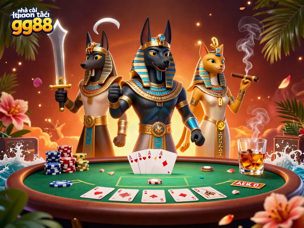 Experience nhà cái quốc tế gg88 with an epic gambling scene featuring Anubis and Bastet at a poker table.