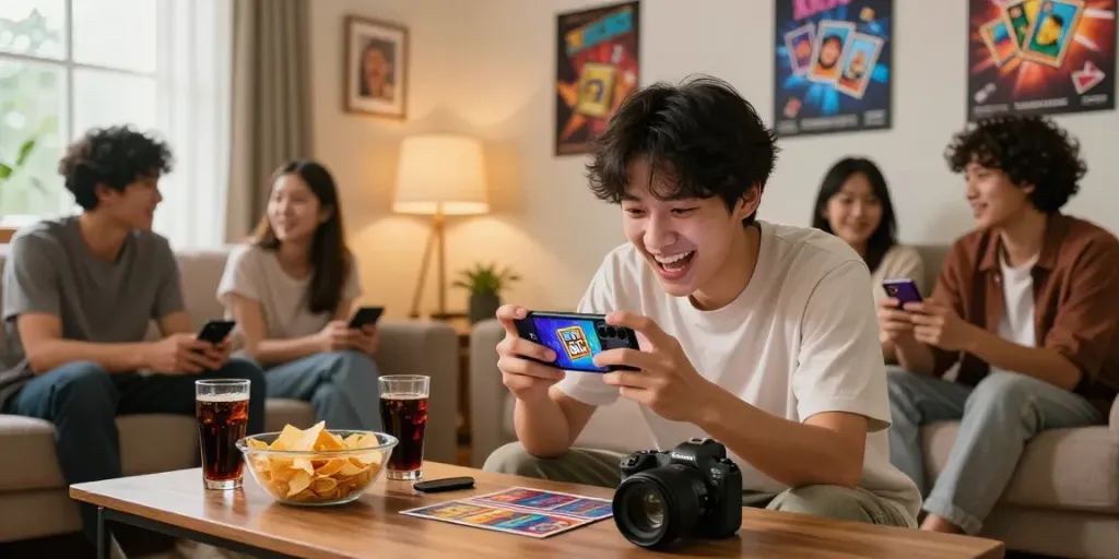 Excited player enjoying 3 Patti No1 on smartphone in a cozy living room.