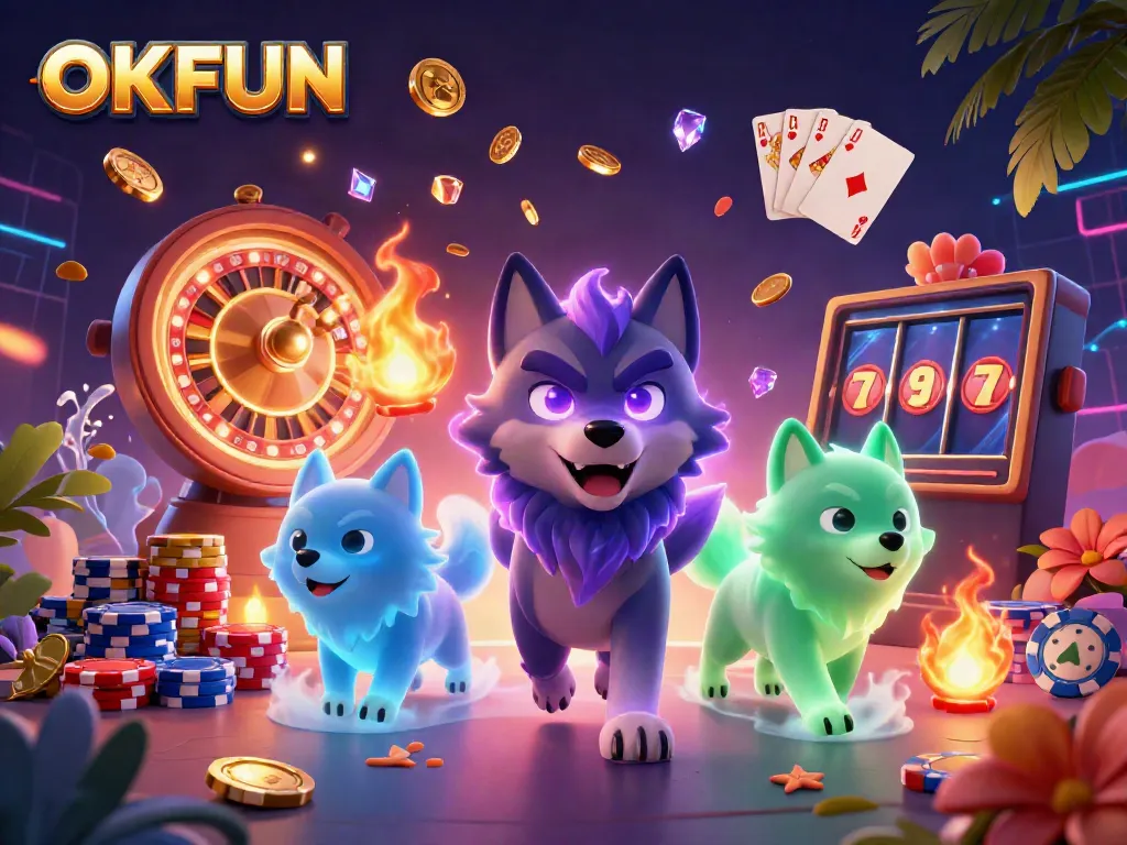 Engage with the OKFUN casino experience featuring a lively scene of gaming action with glowing wolves and cascading coins.