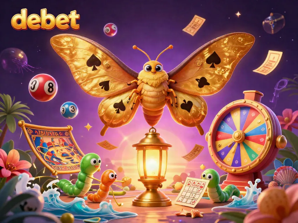 Experience thrilling gameplay with debet as vibrant lottery balls and golden prizes surround a magical moth illustration.
