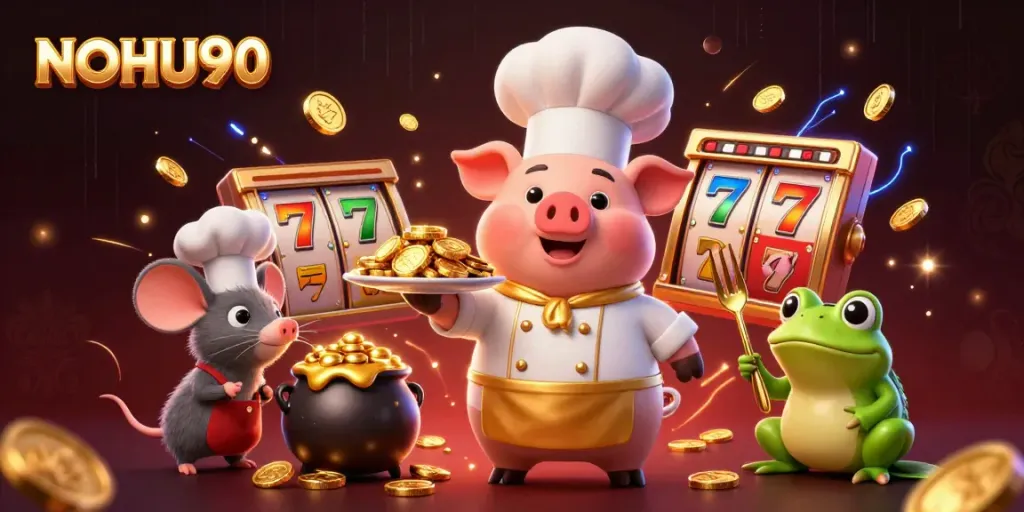 Experience the excitement of NOHU90 with a dynamic illustration of a chef pig and vibrant casino elements.