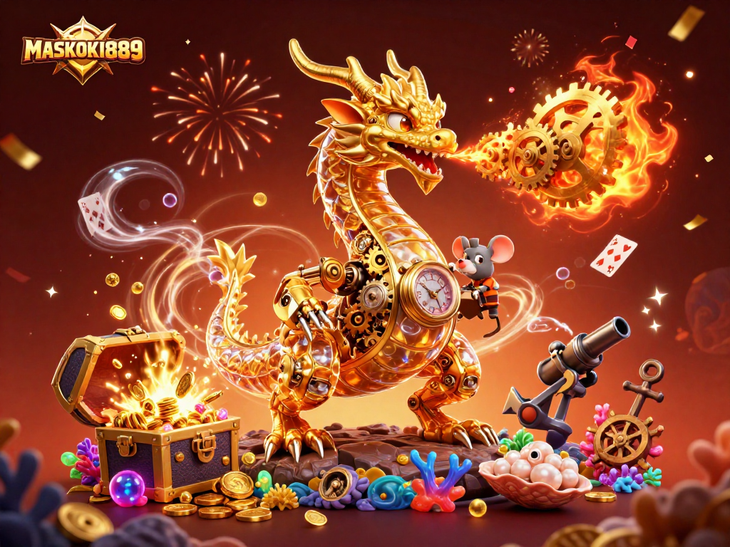 Engage in thrill with MASKOKI889, witnessing a magical dragon unleashing treasures.