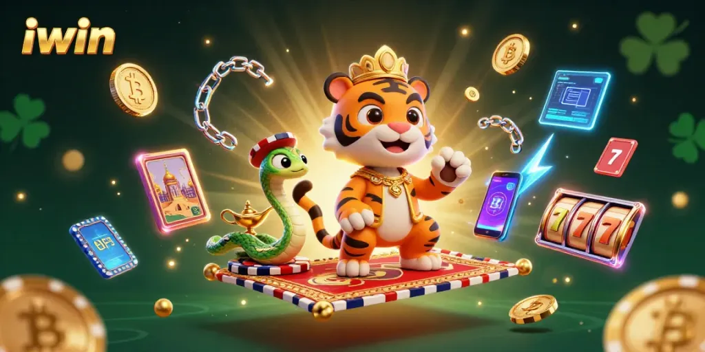 Experience gaming magic with iwin's Arabian Nights-themed slot adventure illustration featuring vibrant casino elements.