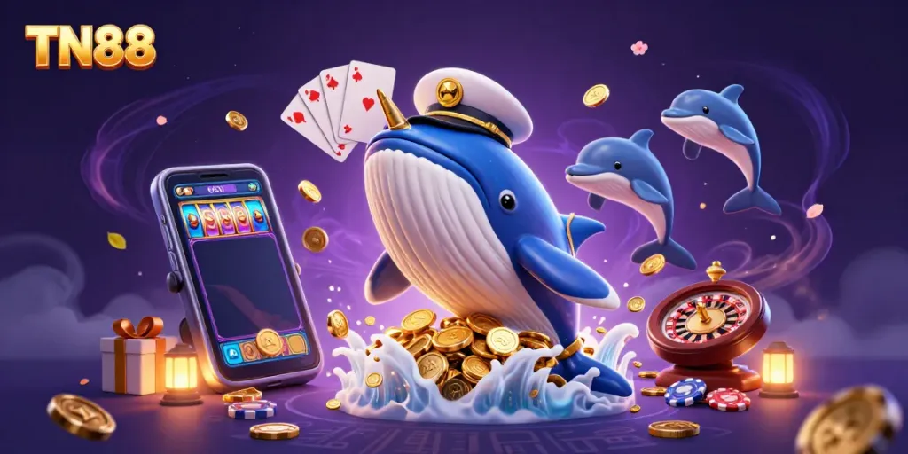Game on TN88: Enjoy thrilling moments with a whimsical whale and playful dolphins in a vibrant casino scene.