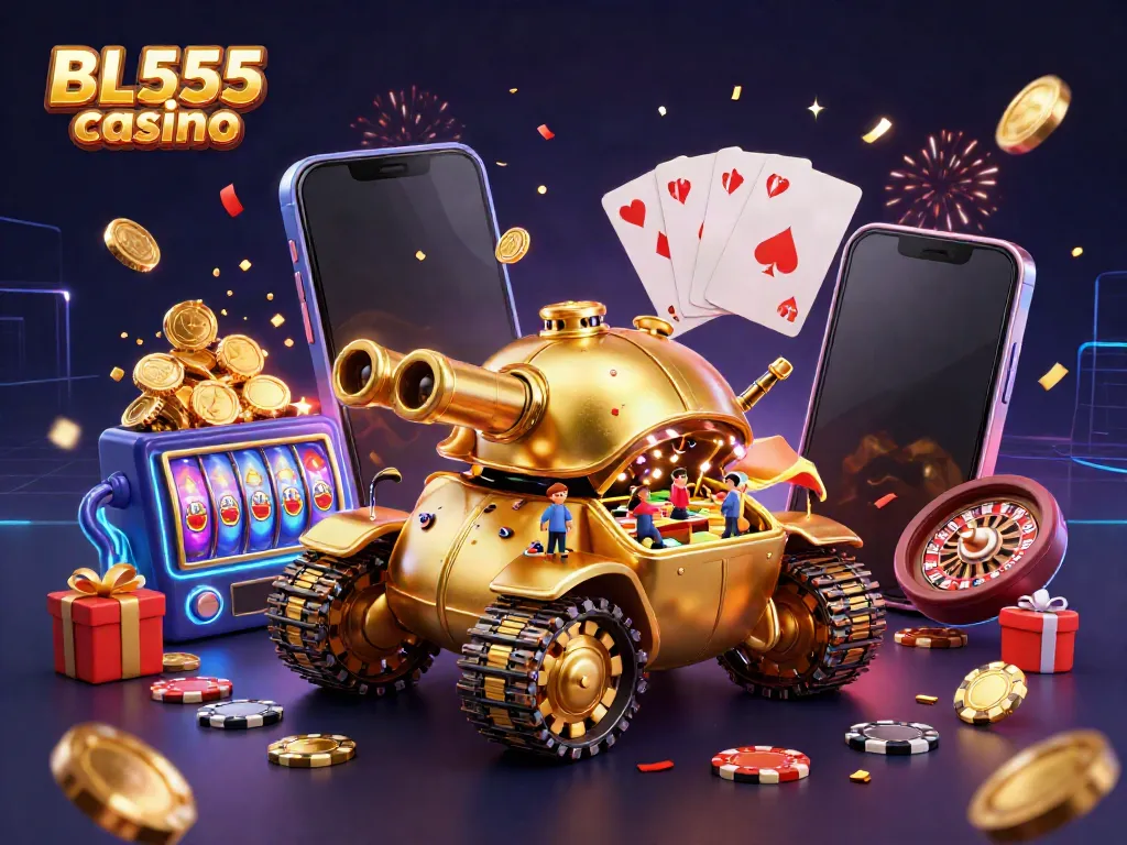 Experience the excitement of BL555 casino with a dynamic 3D illustration showcasing a vibrant miniature casino and gaming elements.