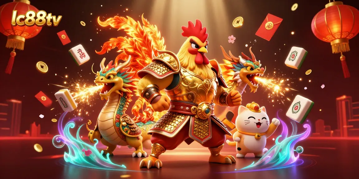 Engage with lc88tv's dynamic casino experience featuring a rooster warrior, dragon, and a fortune cat amidst vibrant elements.
