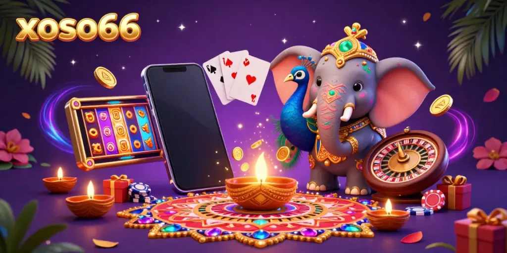 Experience vibrant gaming with xoso66 in this dynamic 3D casino scene showcasing exciting slot games and festive characters.