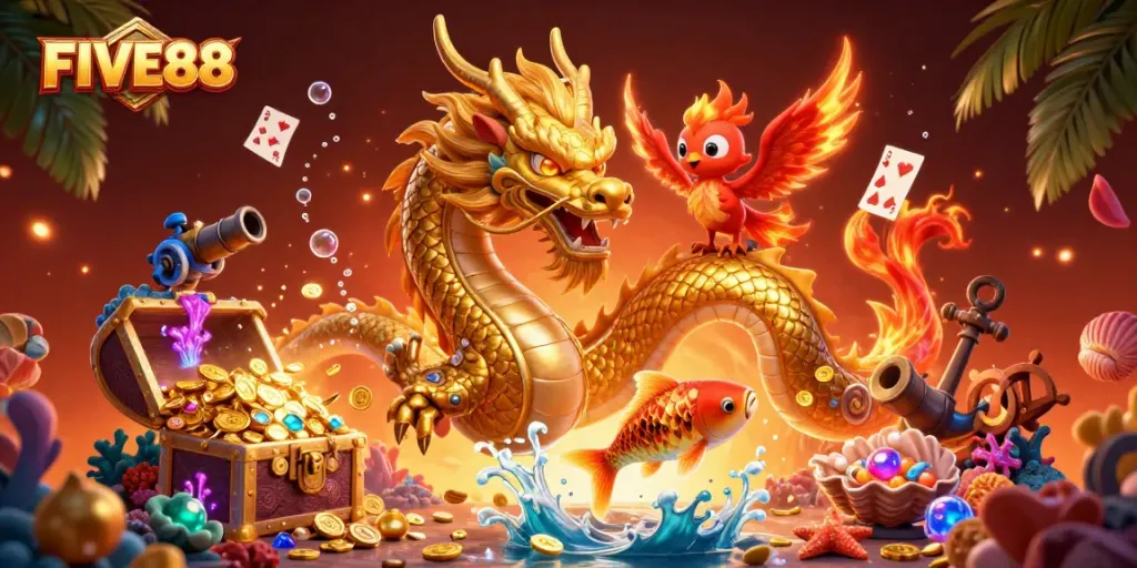 Witness the majestic FIVE88 dragon soaring through a vibrant casino world, surrounded by coins and gems.