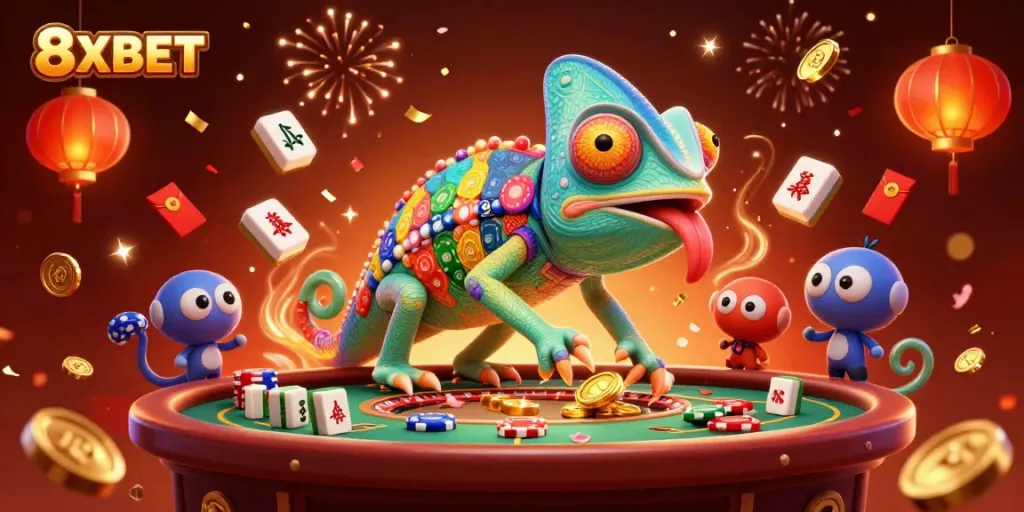 Experience the excitement of 8XBET with a colorful chameleon casino owner surrounded by festive gaming elements.