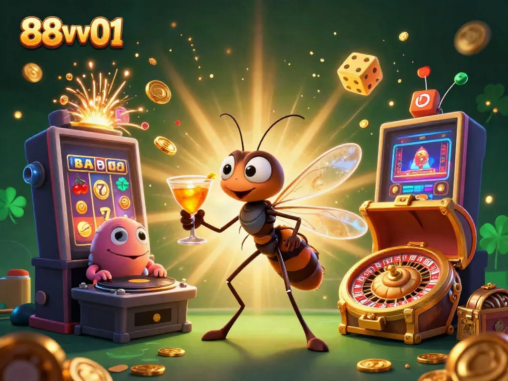 Experience vibrant action at 88vv01 with animated characters like a frozen mosquito mascot and trilobite DJ in a casino scene.